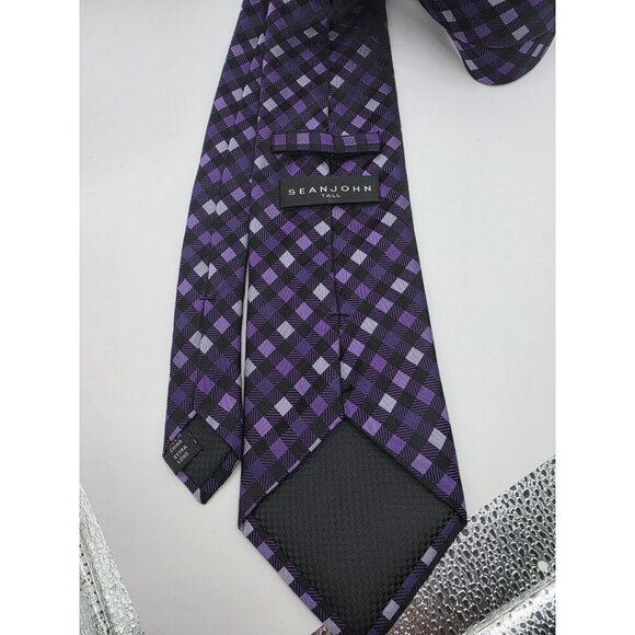 Sean John Men's Neck Tie Extra Long/Tall 100% Silk Black Purple Squares 63" EUC - Picture 2 of 4